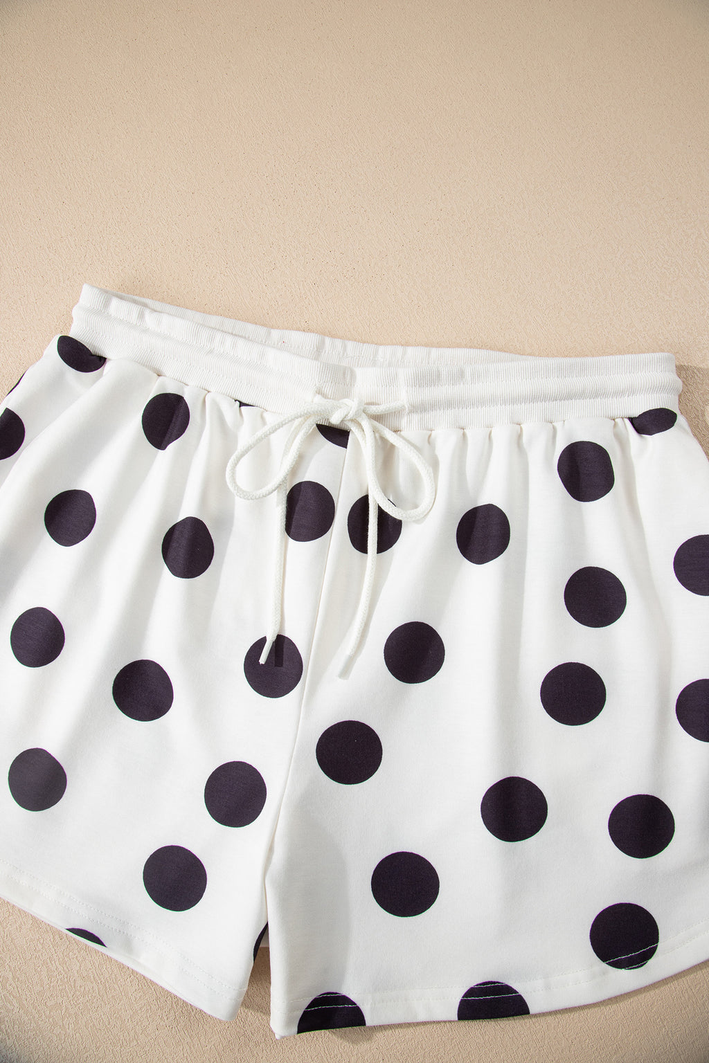 Beige Polka Dot Print Drop Shoulder Pullover Drawstring Jogger Pant Set