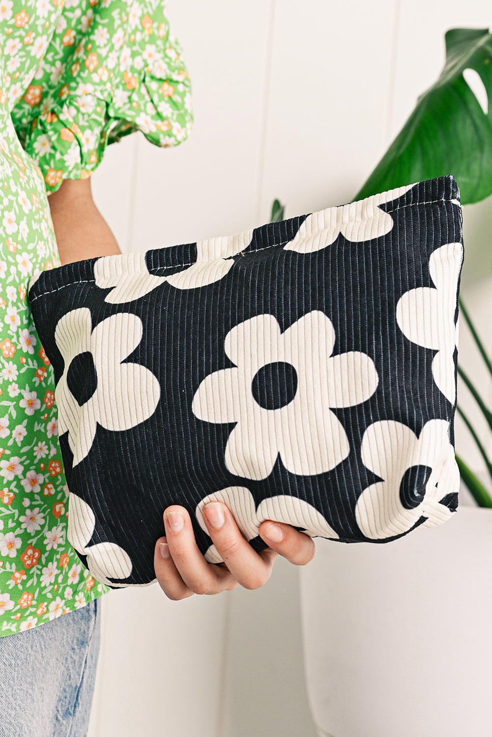 Red Flower Printed Rib Textured Cosmetic Bag