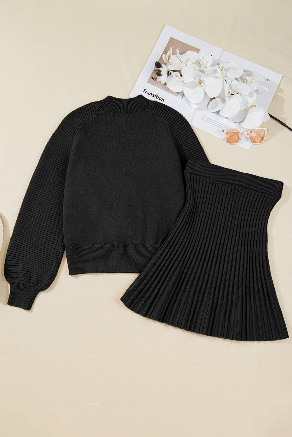 Smoke Gray High Neck Puff Sleeve Sweater Pleated Mini Skirt 2pcs Knitted Outfit
