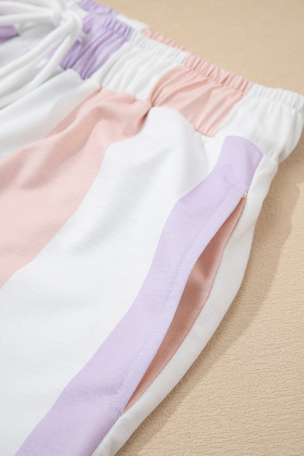Purple Stripe Multicolored Print Drawstring Loose Pants with Side Pockets