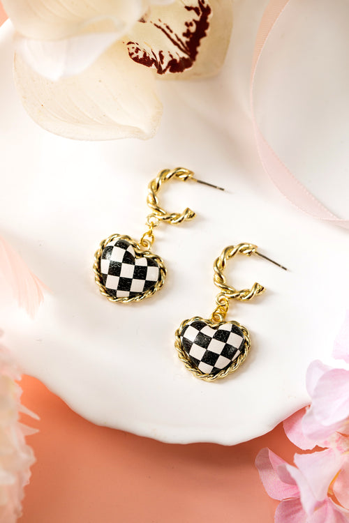 Black Checkered Heart Dangle Gold Plated Twisted Hoop Stud Earrings