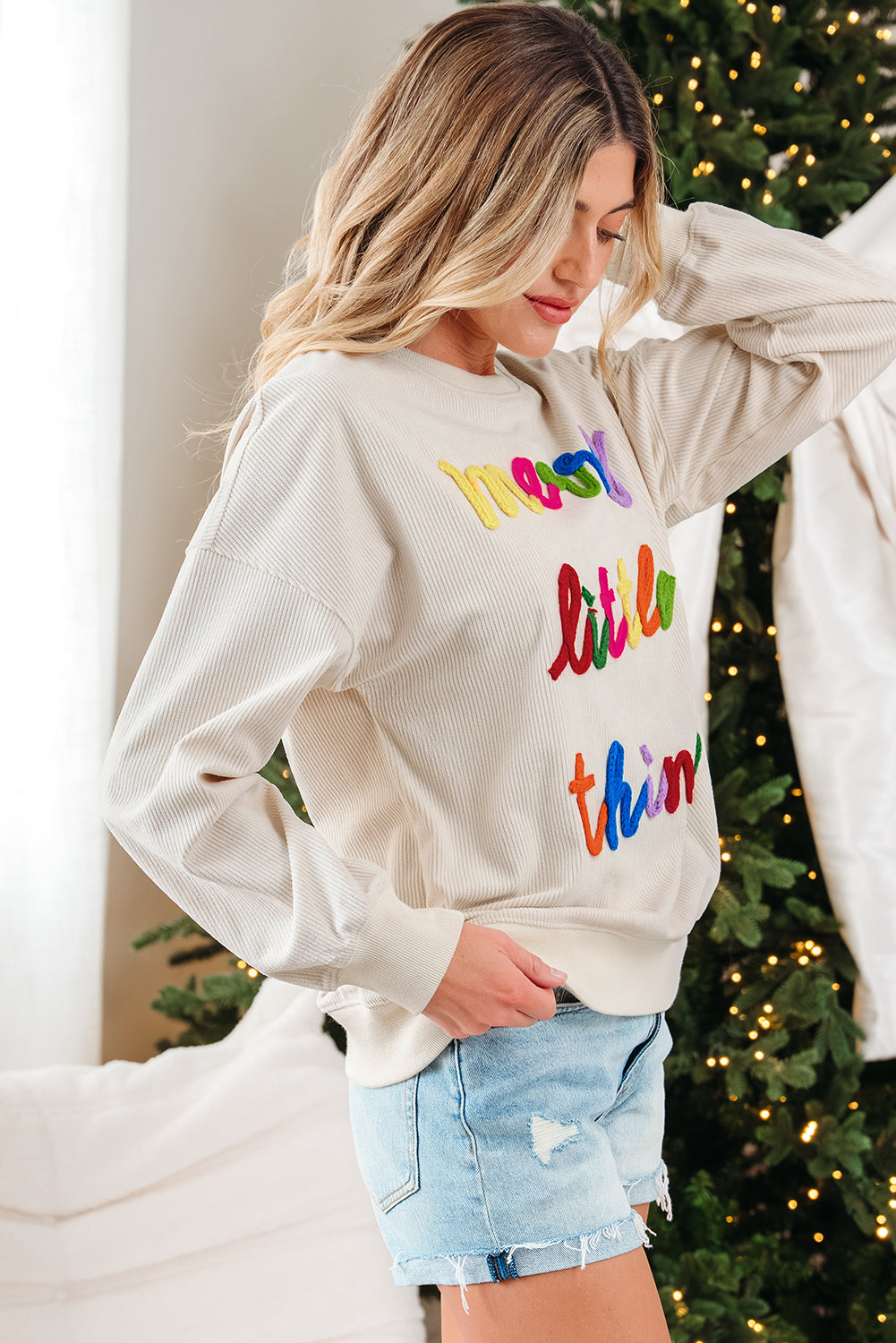 Dark Green merry little thing Corded Letter Graphic Ribbed Loose Sweatshirt