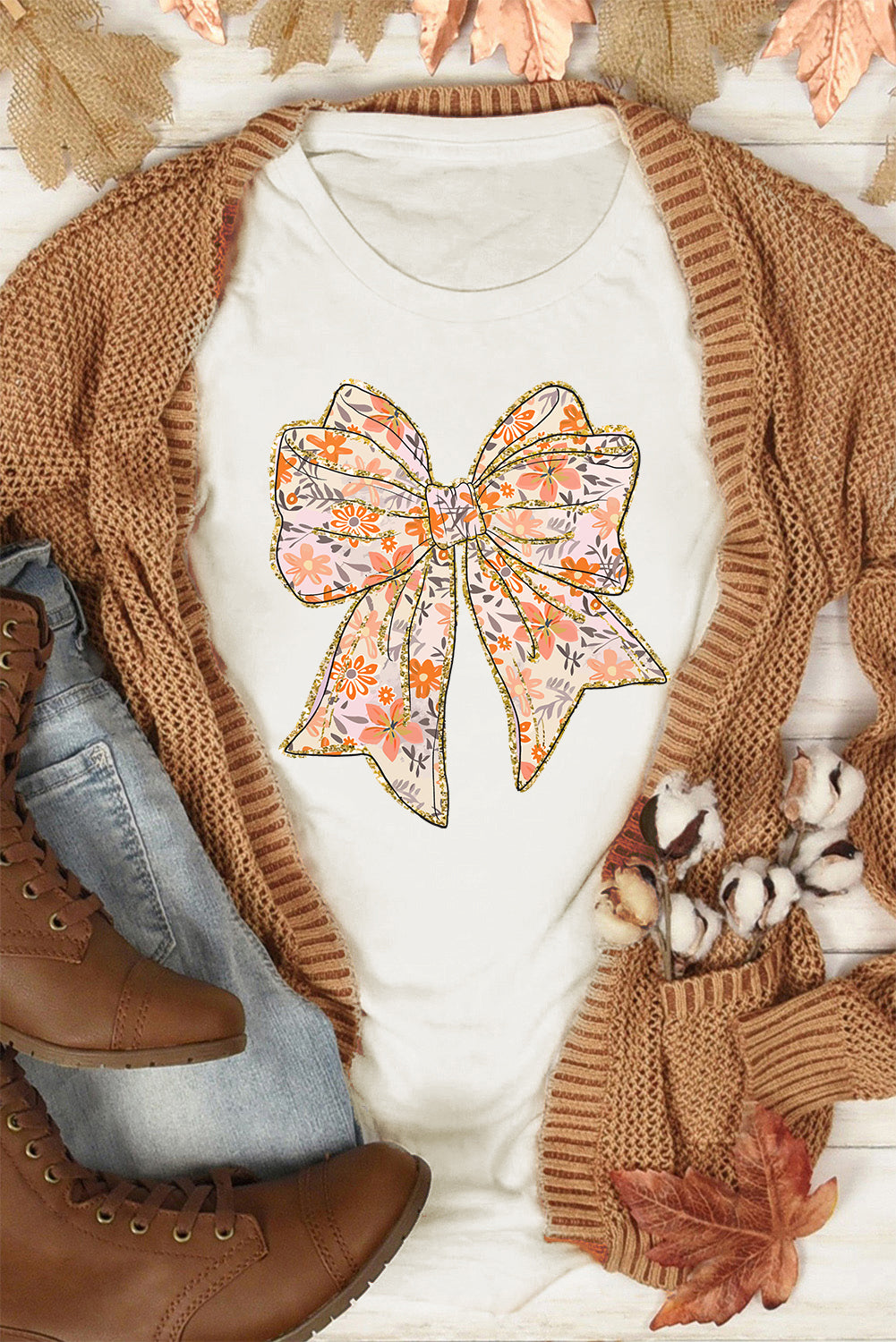 White Glitter Trim Floral Bow Print Cotton Blend T Shirt
