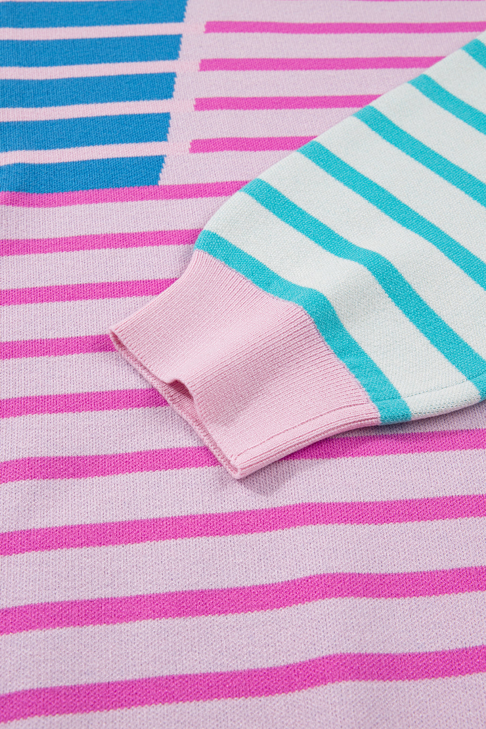 Sky Blue Stripe Colorblock Patchwork Plus Size Half Zip Sweater