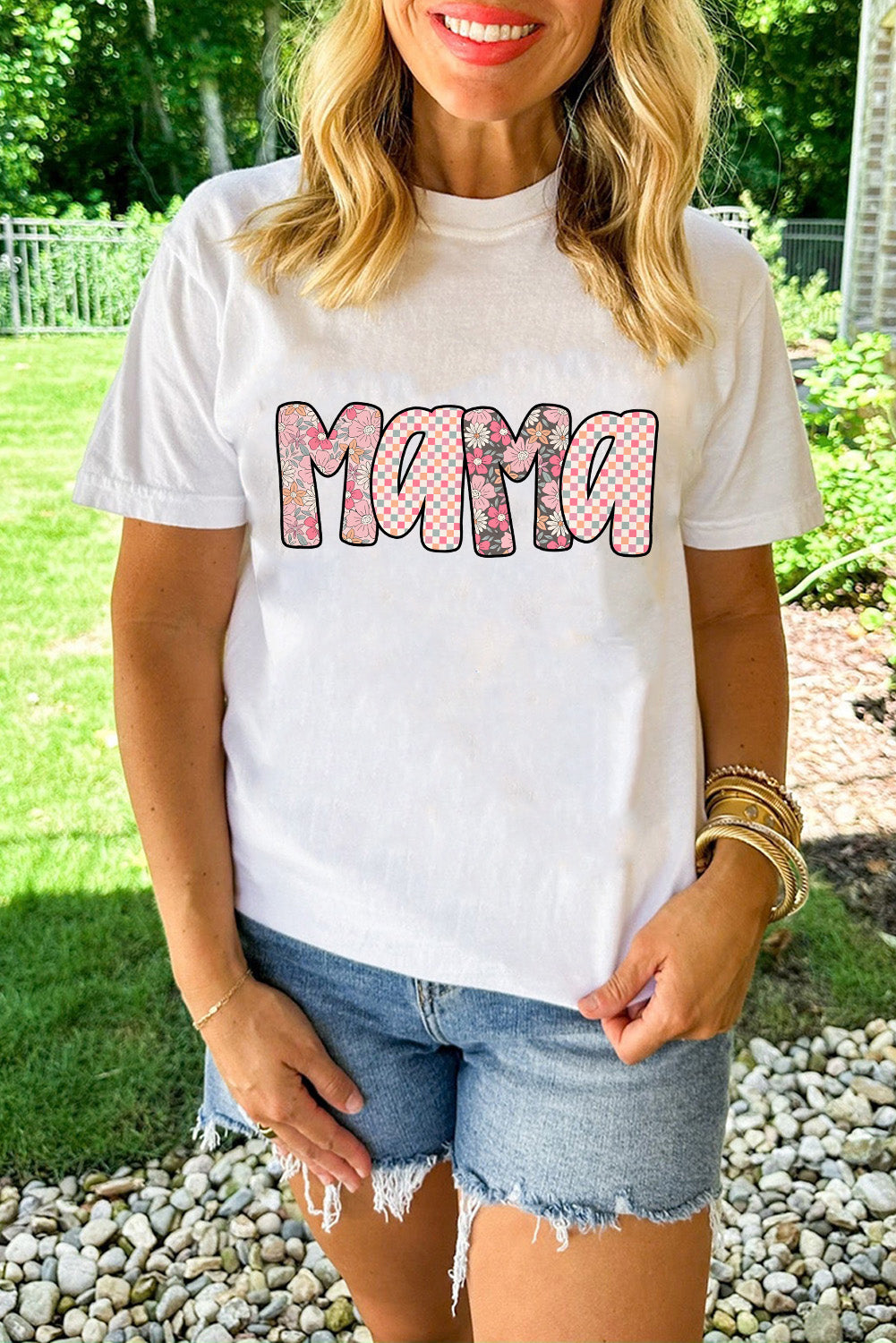 White Checkered Floral MaMa Graphic Crewneck T Shirt