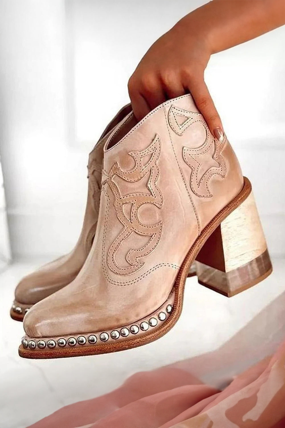 Light French Beige Western Embroidered PU?Leather Studded Detail High Heel Ankle Boots