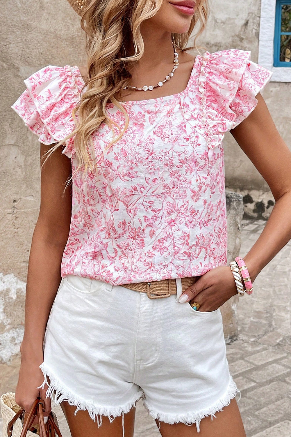 Beau Blue Textured Bow Knot Frilled Butterfly Sleeve Blouse