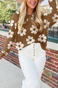 Camel Fuzzy Floral Knitted Drop Shoulder Sweater