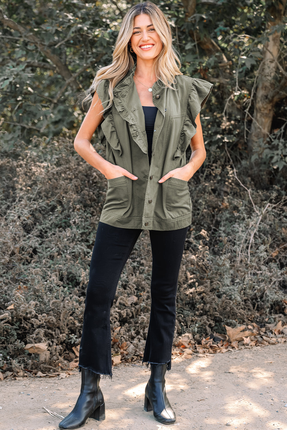 Pale Khaki Ruffled Patchwork Denim Jacket Vest