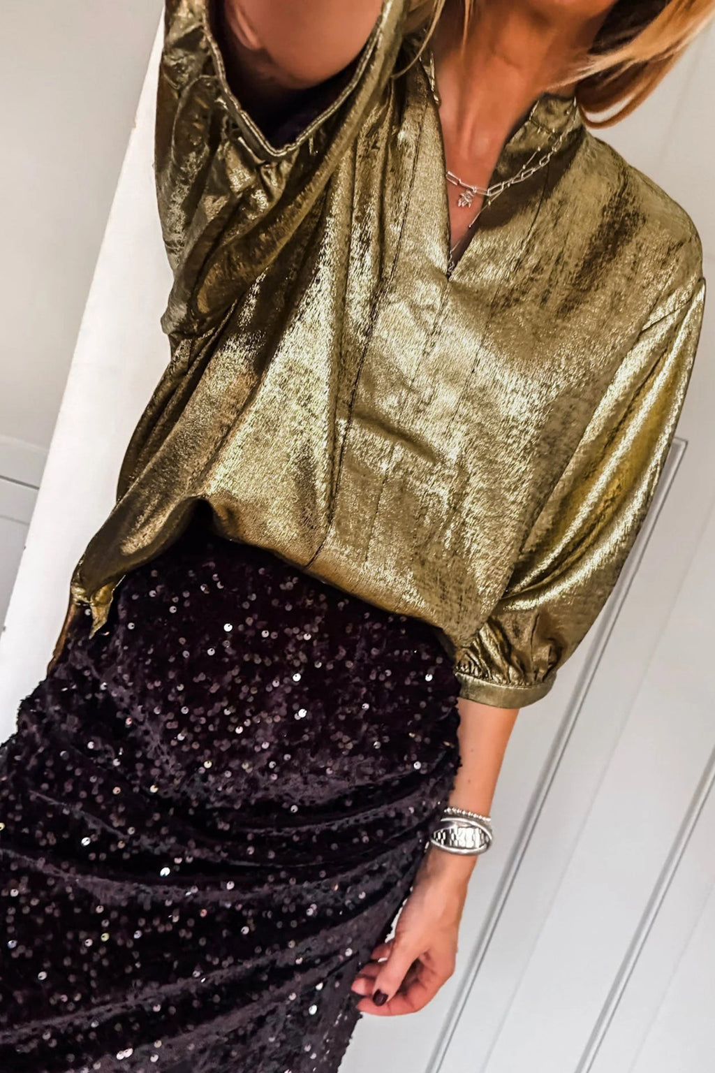 Apricot Metallic Round Neck Smocked Long Sleeve Blouse