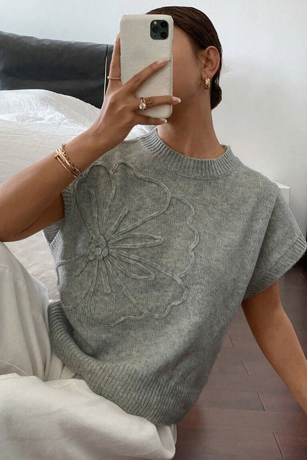 High Flower Pattern Ribbed Trim Short Sleeve Boxy Sweater