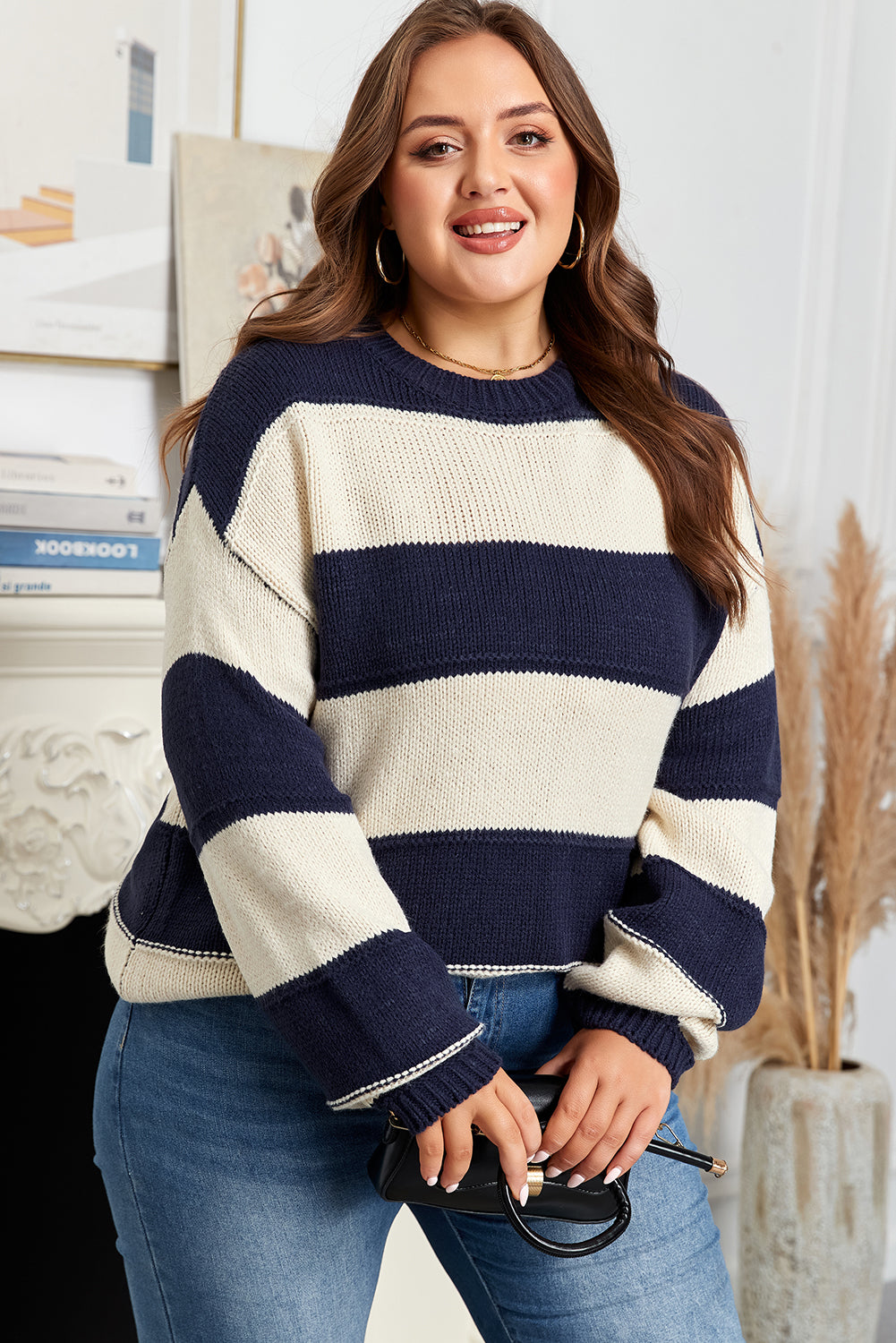 Khaki Stripe Color Block PLus Size Drop Shoulder Sweater