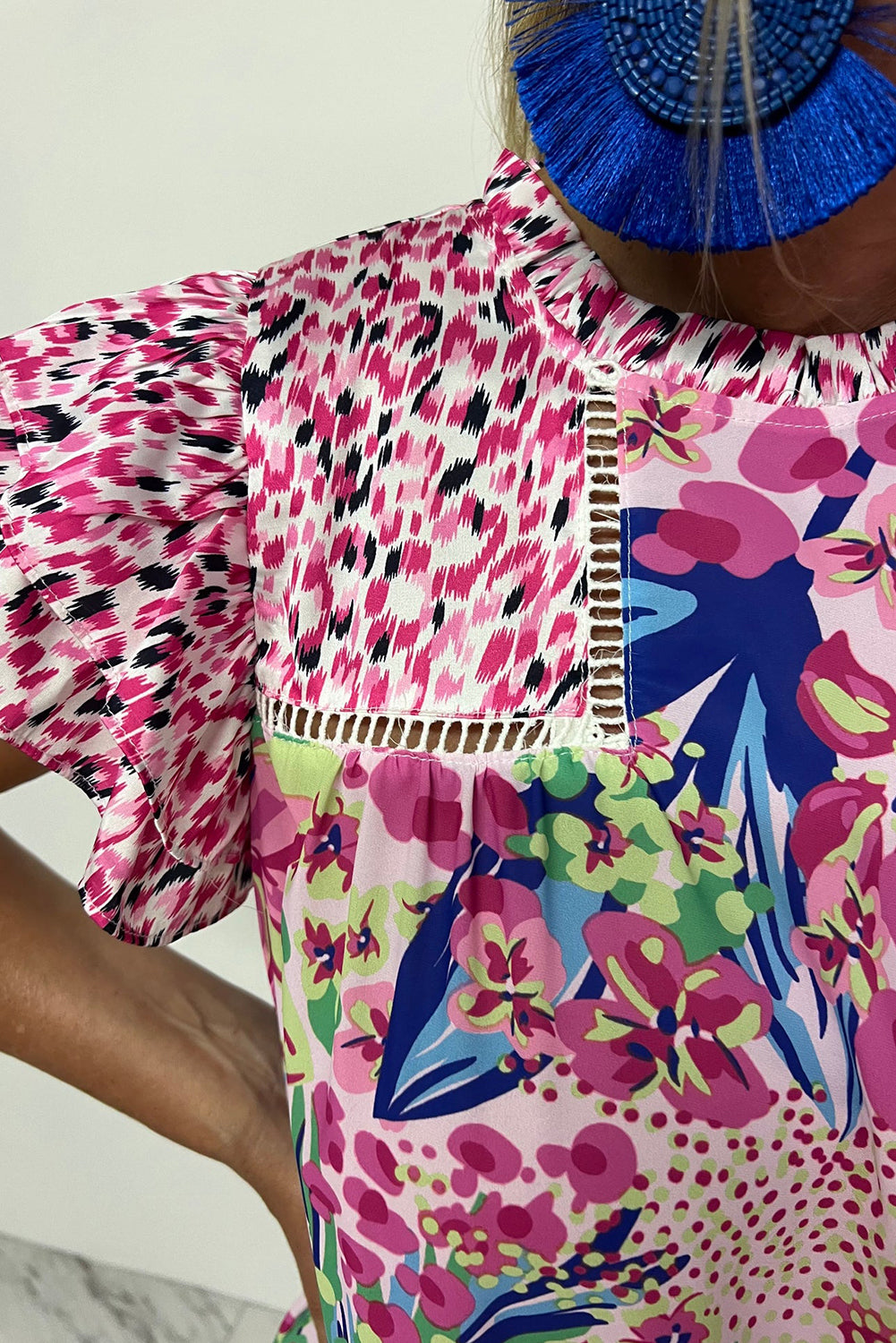 Red Floral Mixed Print Ruffle Cap Sleeve Blouse