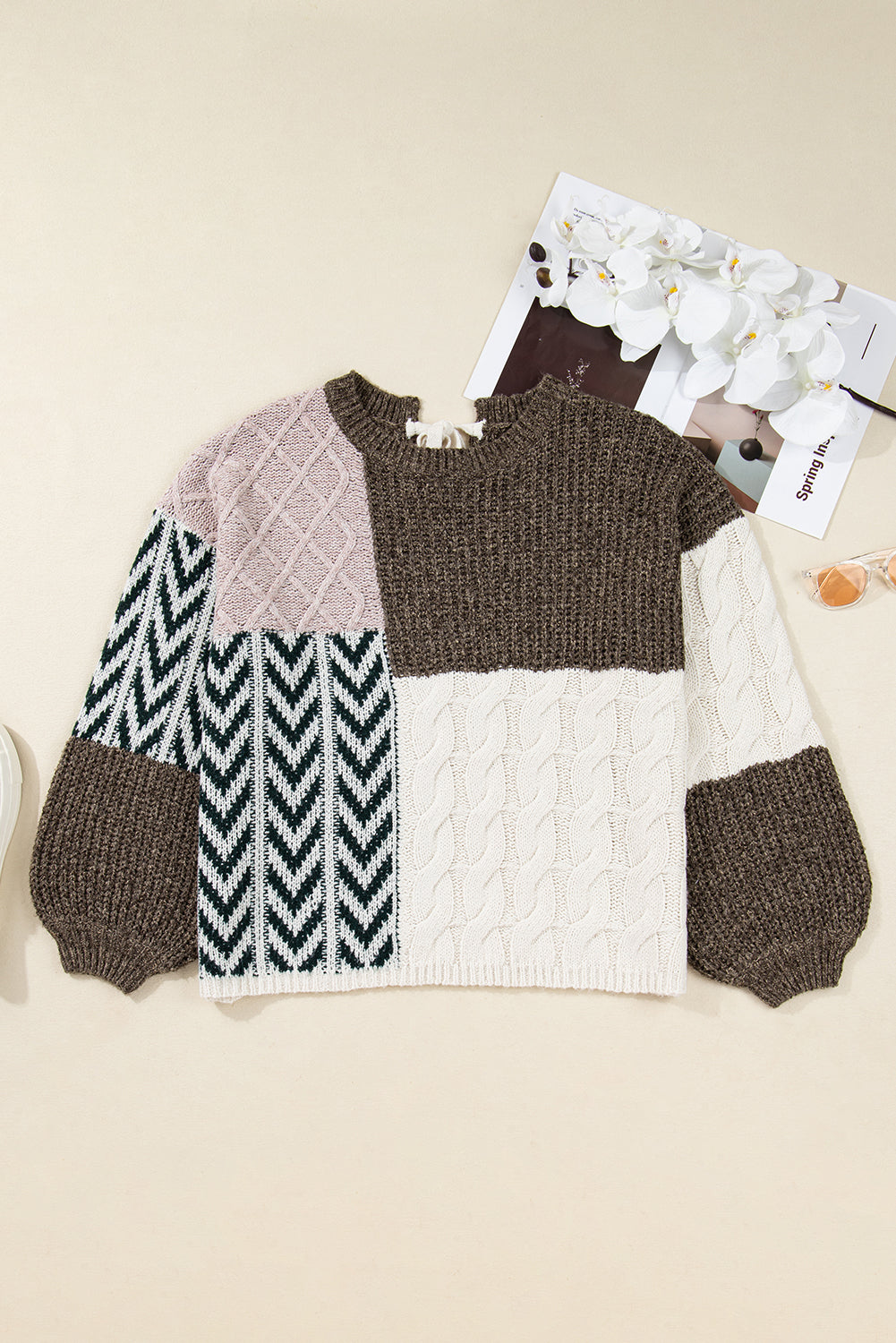 Brown Color Block Patchwork Knotted Back Loose Fit Sweater