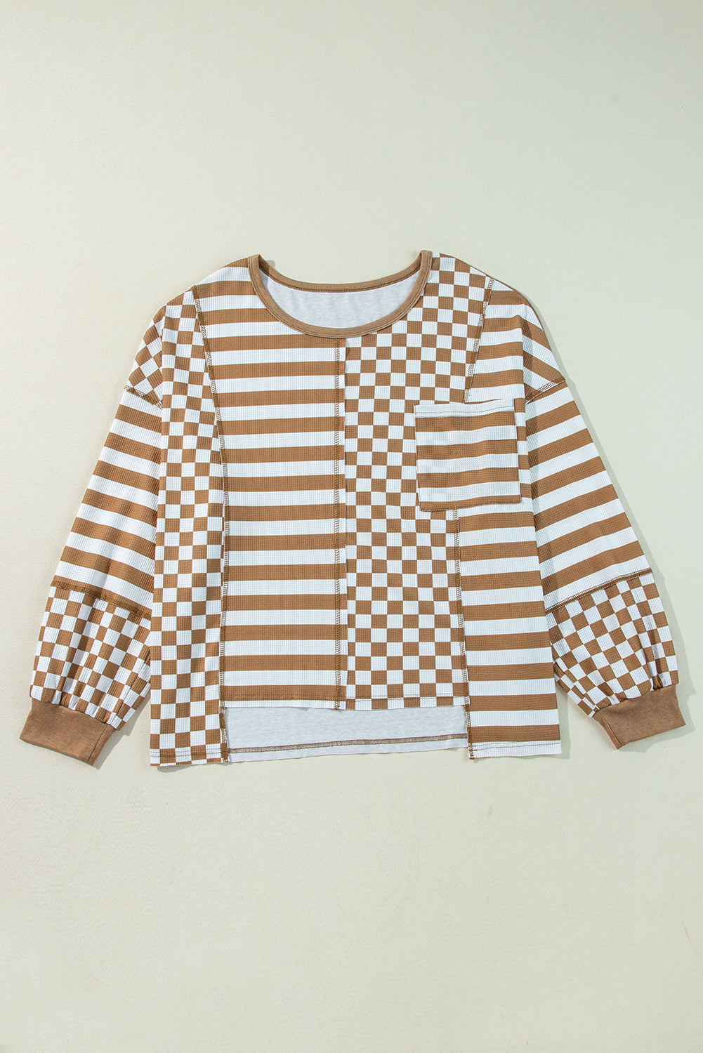 Khaki Checkerboard Striped Patchwork Lantern Sleeve Pocketed Blouse