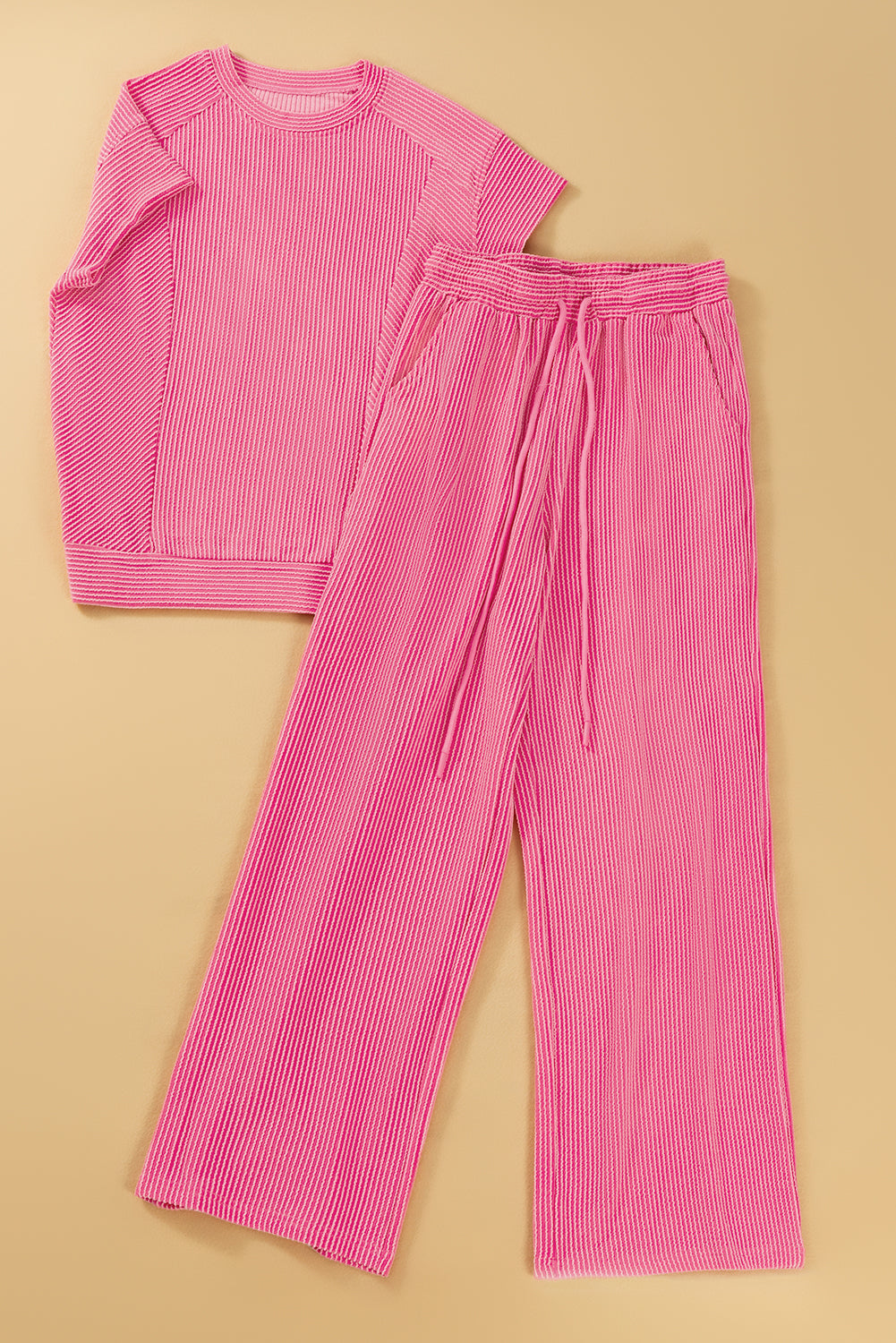 Blue Solid Corded Knit Short Sleeve T Shirt and Wide Leg Pants Set