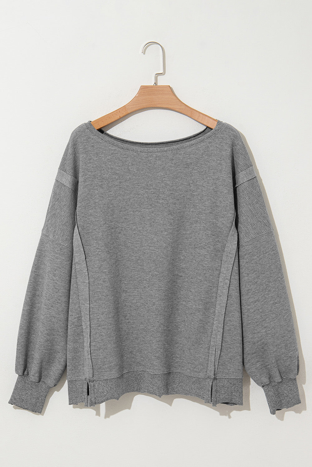 White Waffle knit Bishop Sleeve Split Oversized Top