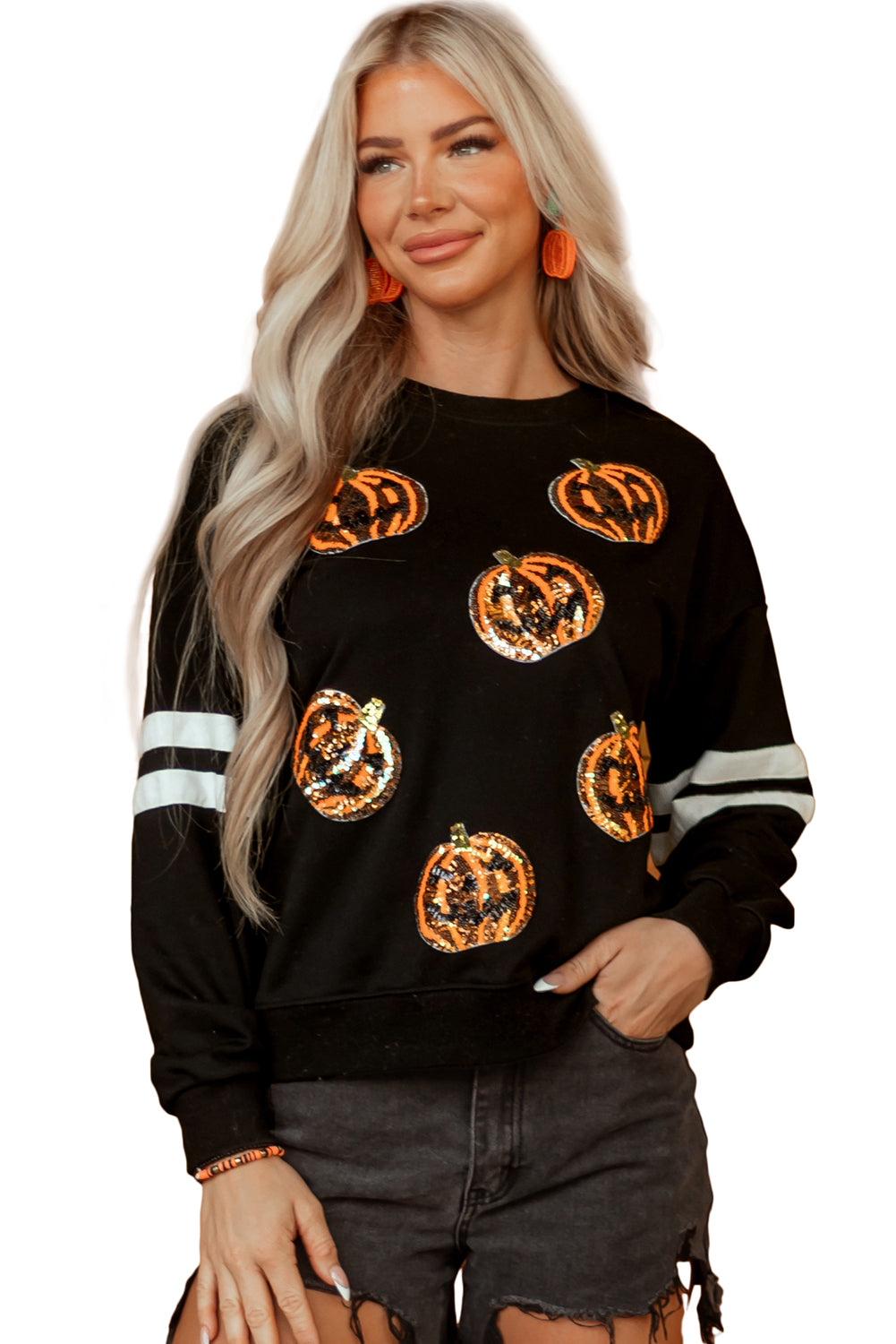 Black Halloween Pumpkin Face Sequin Patched Oversize Varsity Sweatshirt