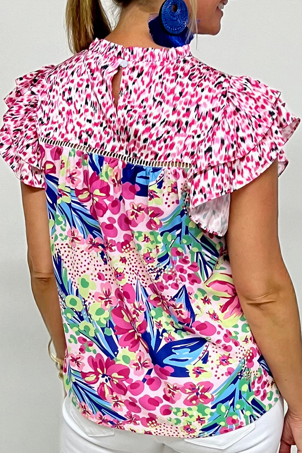Red Floral Mixed Print Ruffle Cap Sleeve Blouse