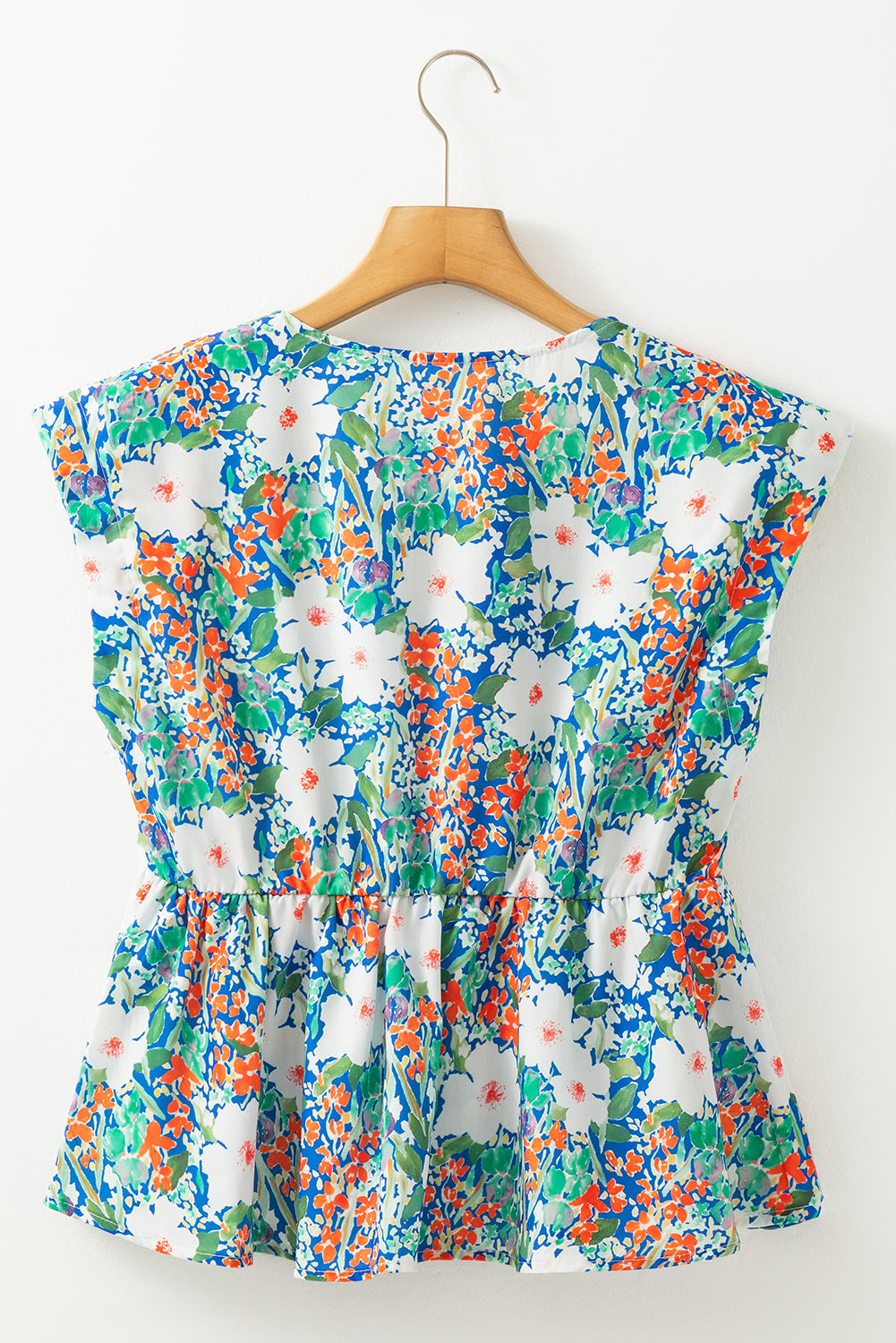 Rose Green Floral Print Bow Applique Slit Sleeveless Peplum Blouse