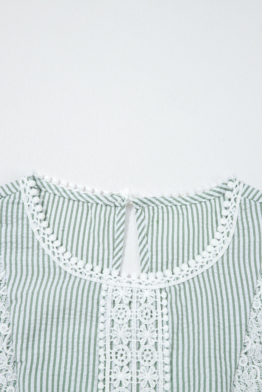 Sky Blue Stripe Floral Lace Splicing Puff Sleeve Blouse