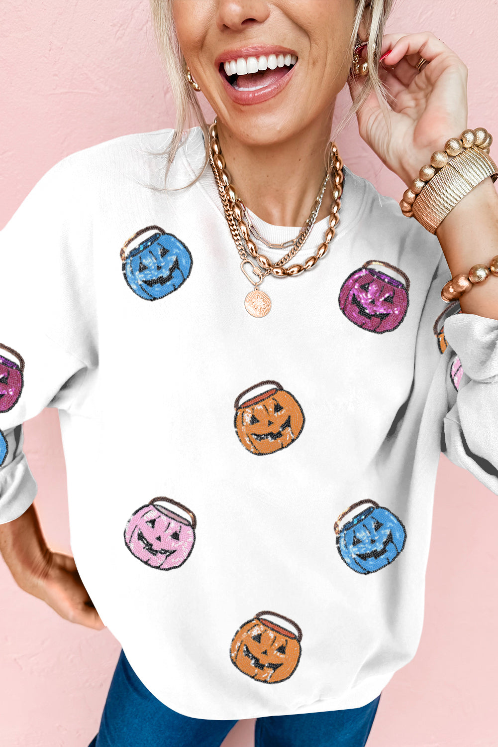 White Halloween Pumpkin Lantern Sequin Patched Sweatshirt