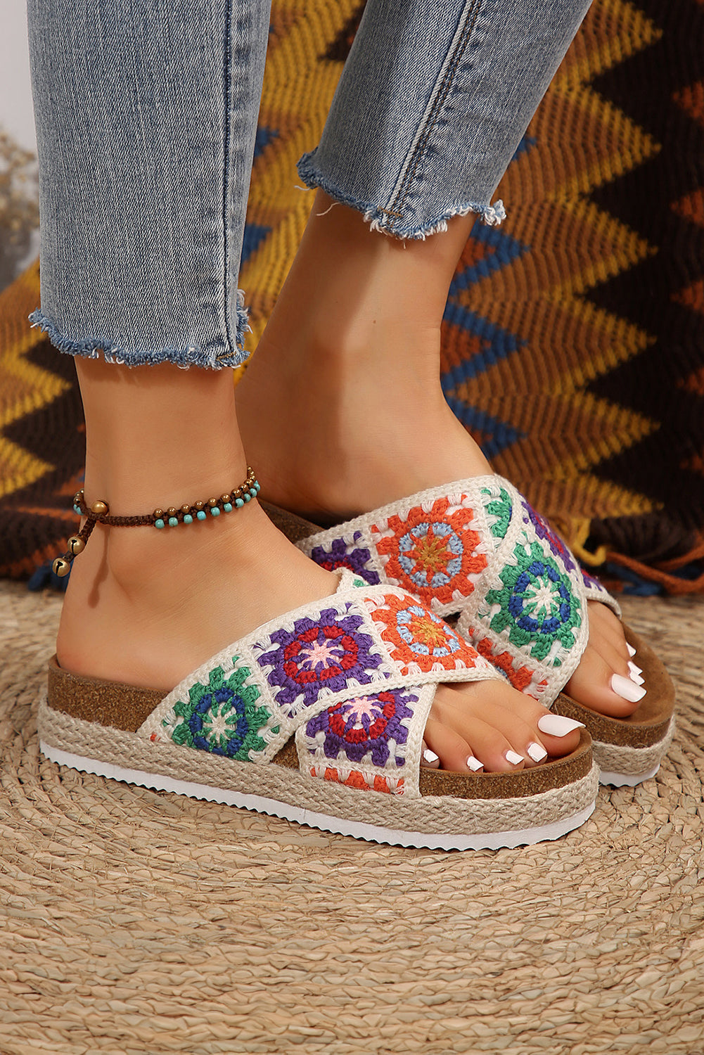 White Geometric Woven Crisscross Strap Platform Slippers