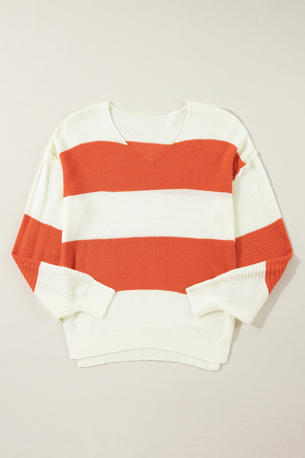Green Stripe Loose Color Block Drop Shoulder Bubble Sleeve Sweater