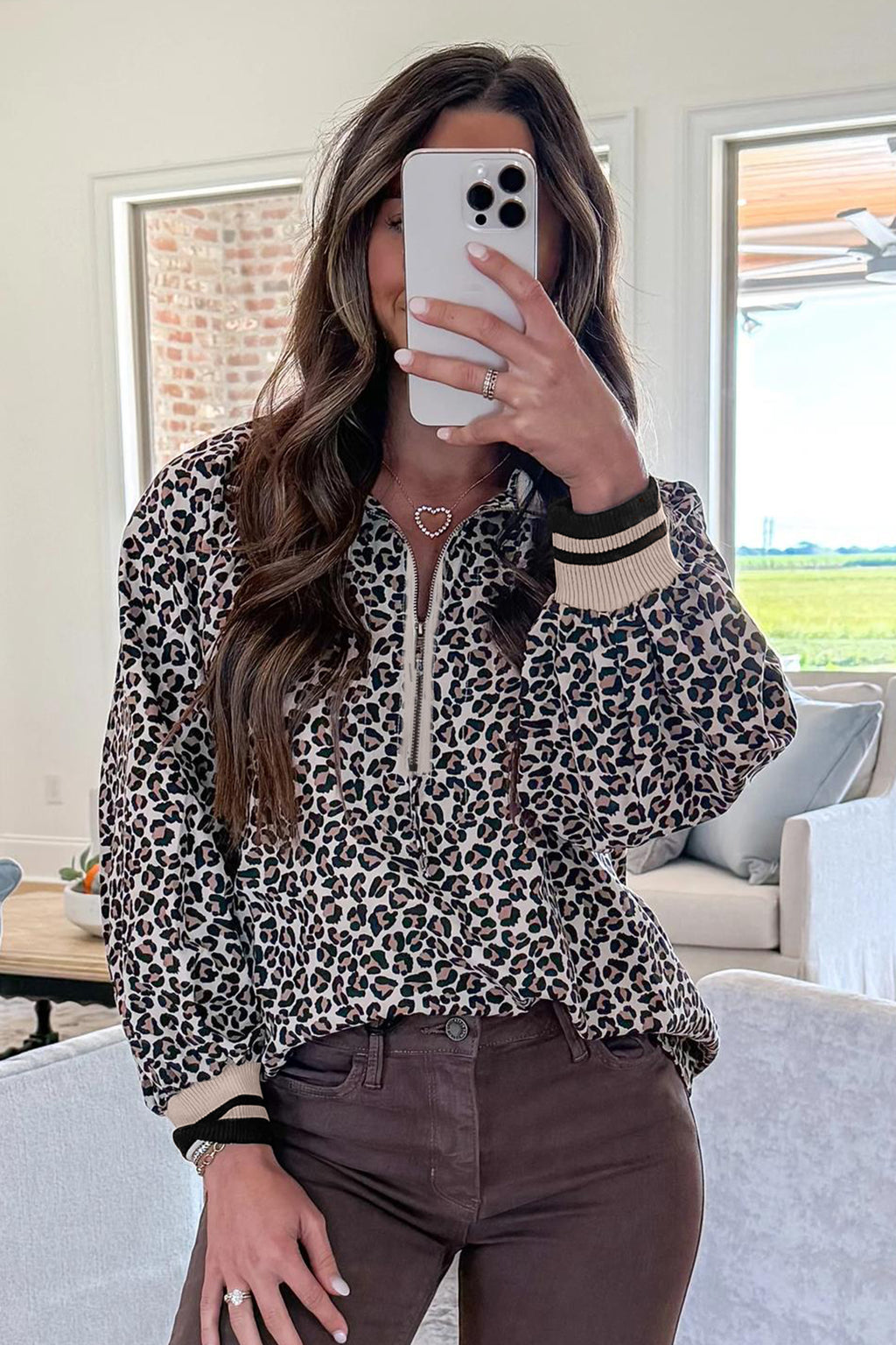 Brown Leopard Print Half Zip Striped Trim Patchwork Short Sleeve Top