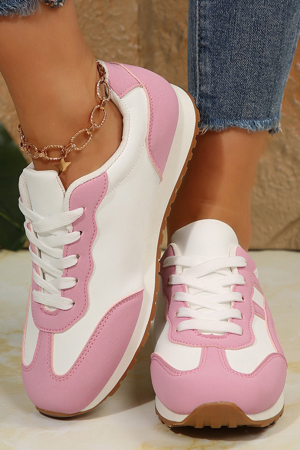 Oatmeal Color Block Lace-up PU Leather Sneakers