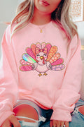 Pink Cute Thanksgiving Turkey Printed Drop Shoulder Sweatshirt