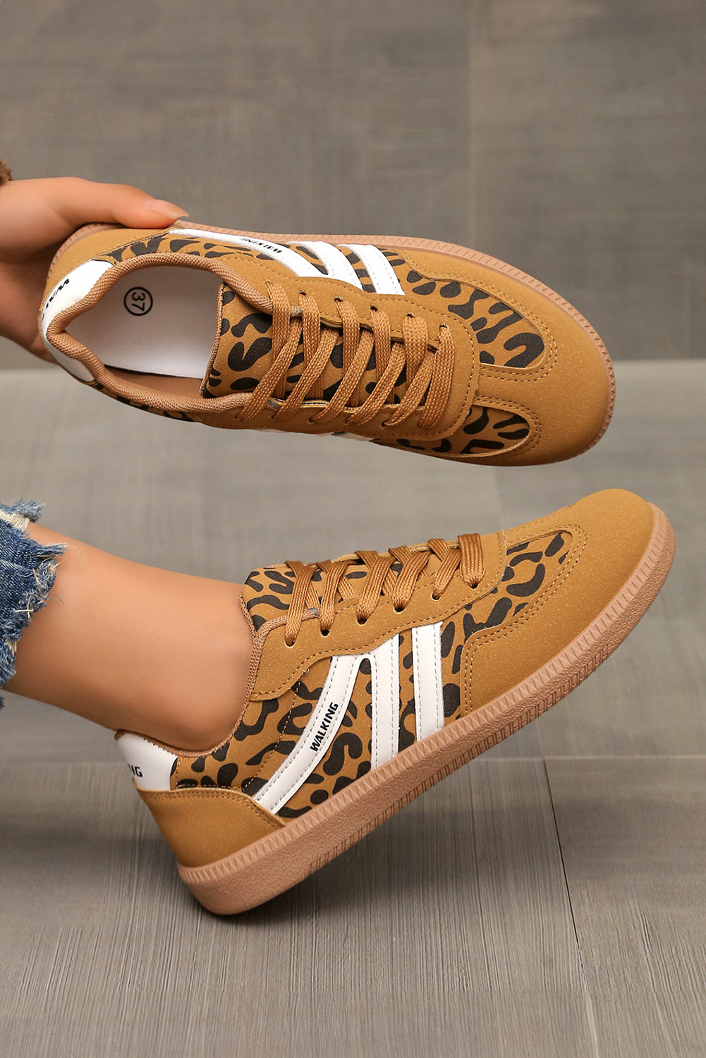 Thai Curry PU Leather Leopard Patchwork Contrast Detail Lace-up Shoes
