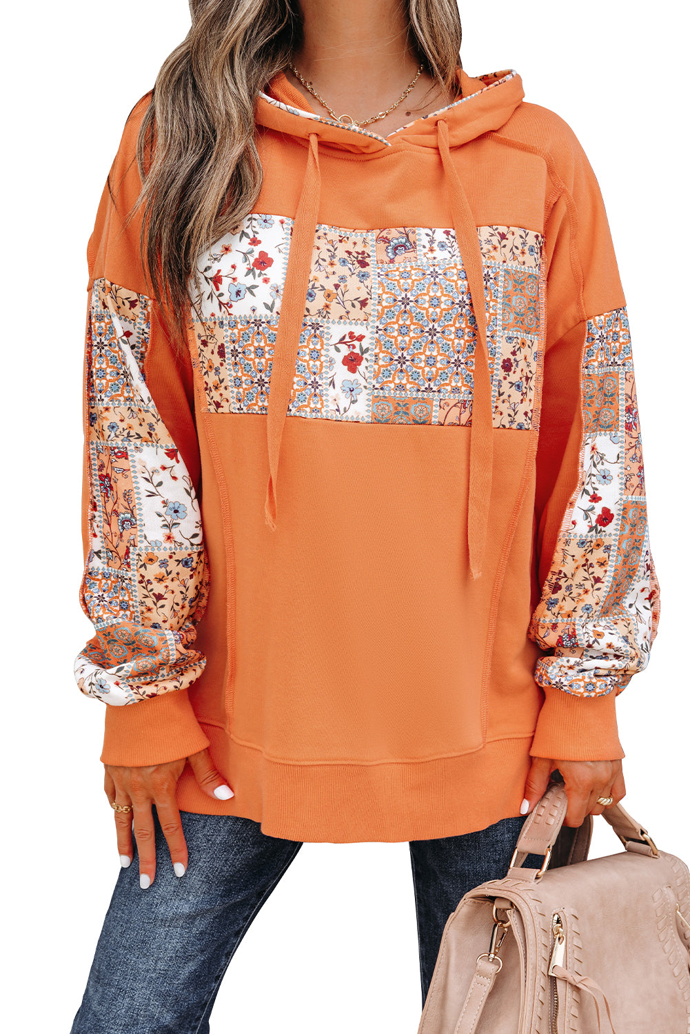 Delicacy Mix Floral Patchwork Side Slit Drawstring Hoodie