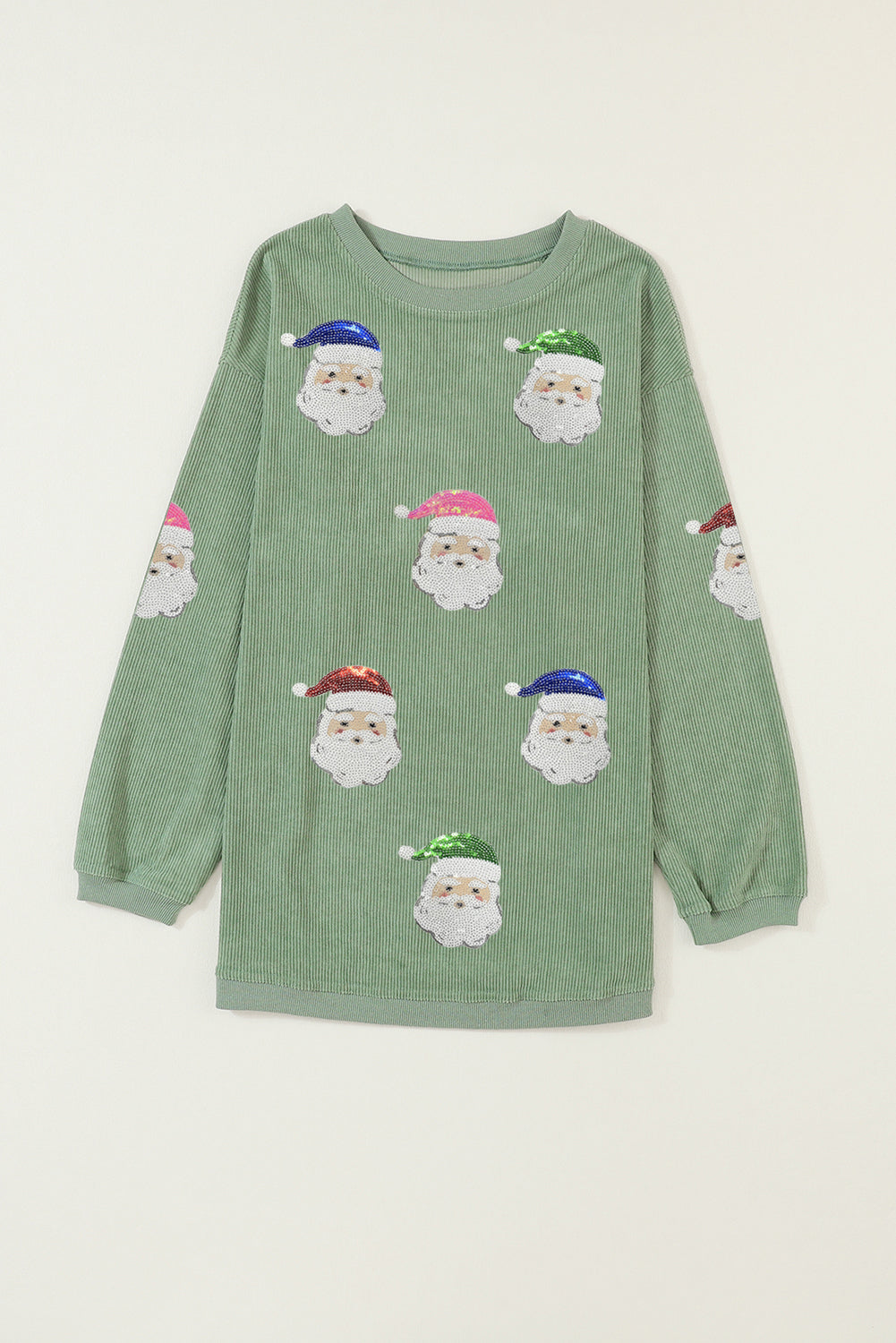 Grass Green Corded Ribbed Sequin Patched Santa Claus Graphic Sweatshirt