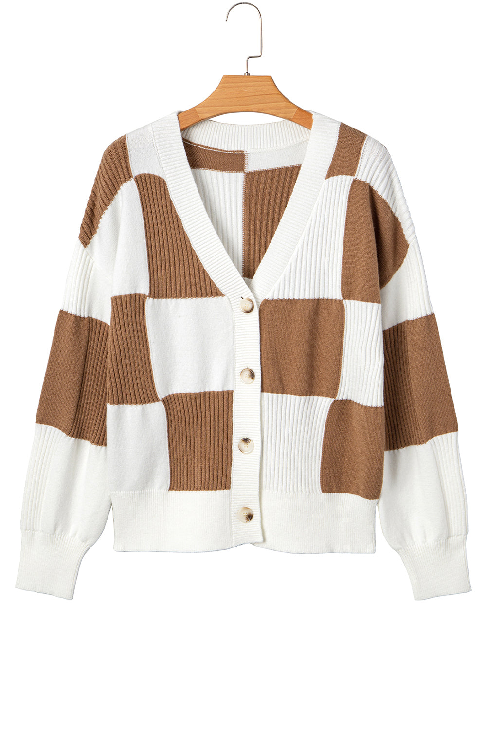 Khaki Checkered Ribbed Texture Knit Plus Size Cardigan Sweater