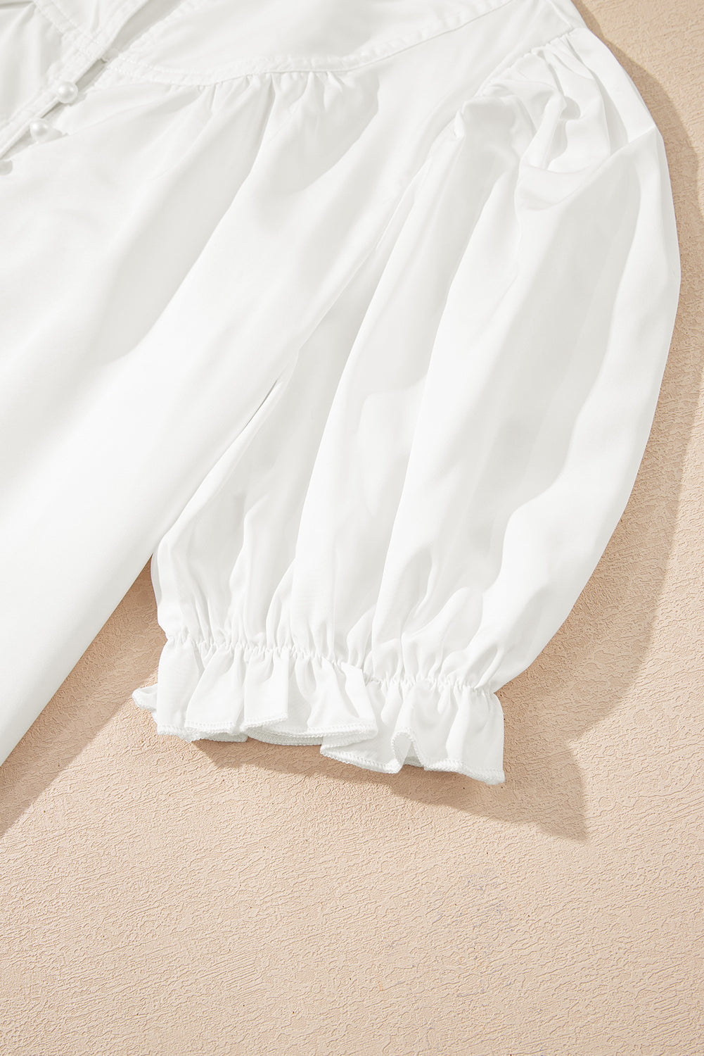 White Frilled Edge Half Button Stand Neck Bubble Sleeve Blouse