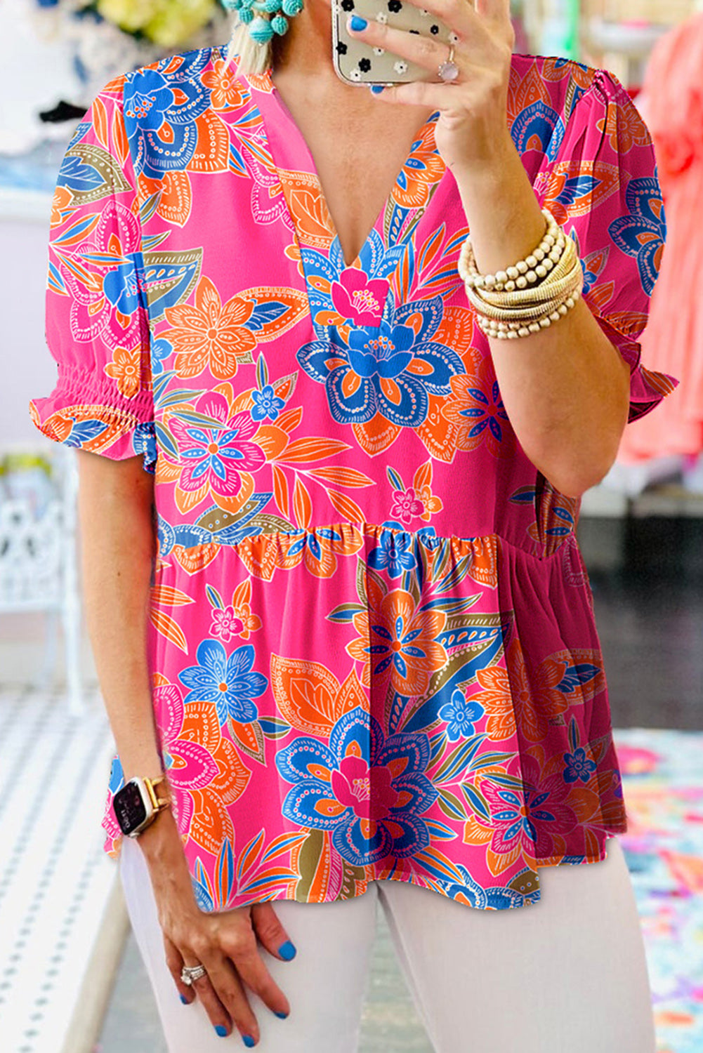 Pink Abstract Printed Puff Short Sleeve Tiered Loose Dress