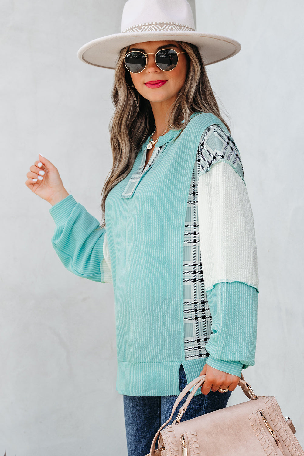Aruba Blue Corded Texture Colorblock Patchwork Split Neck Long Sleeve Top