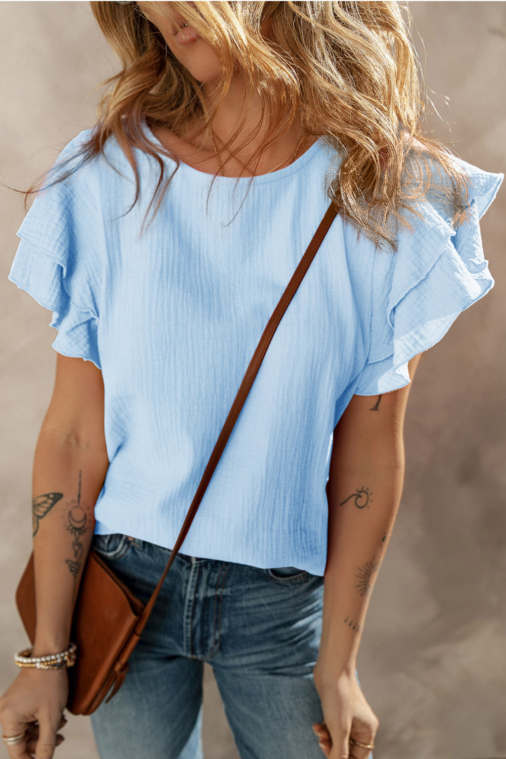 Light Blue Crinkled Cotton Gauze Ruffle Sleeve Blouse