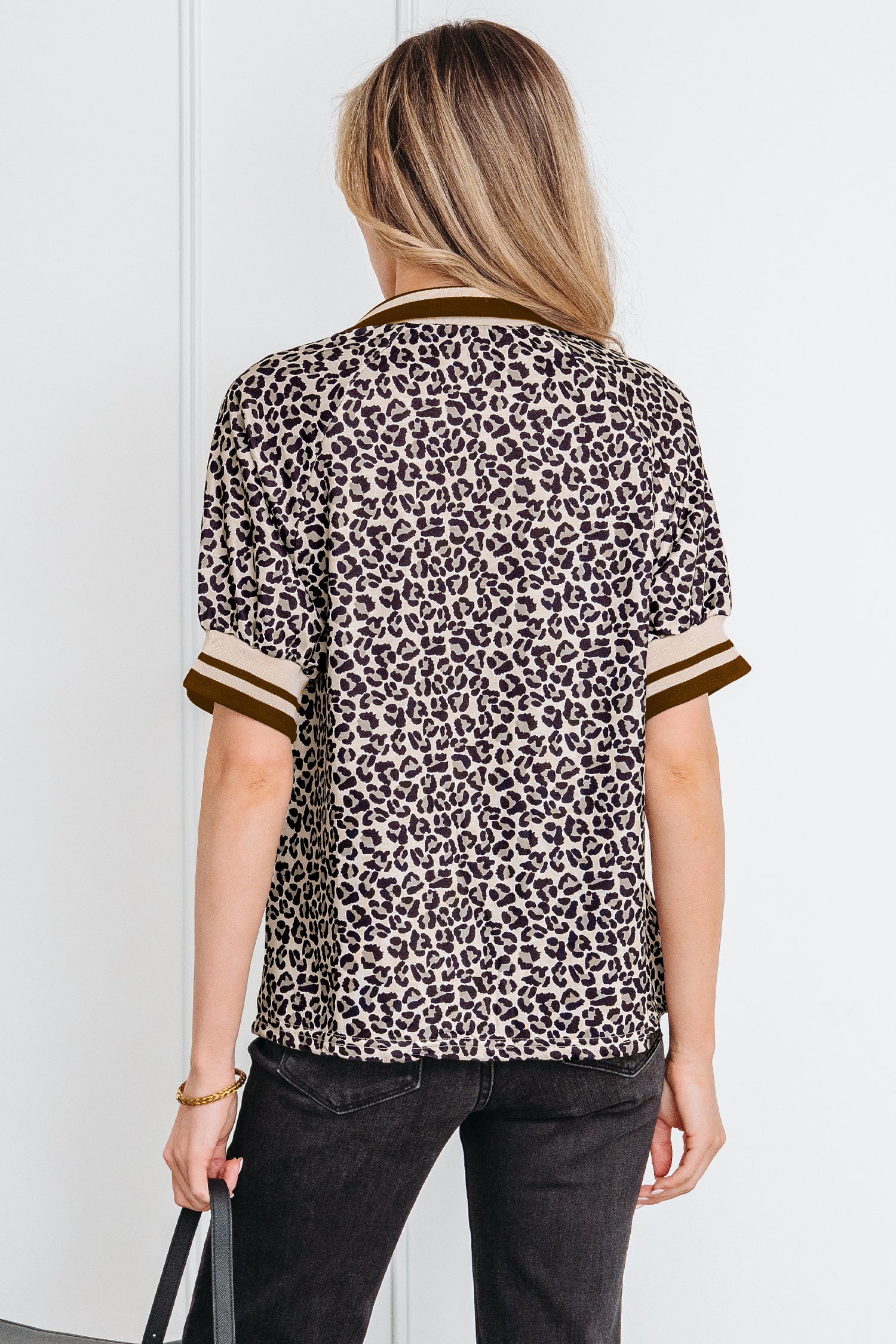 Brown Leopard Print Half Zip Striped Trim Patchwork Short Sleeve Top