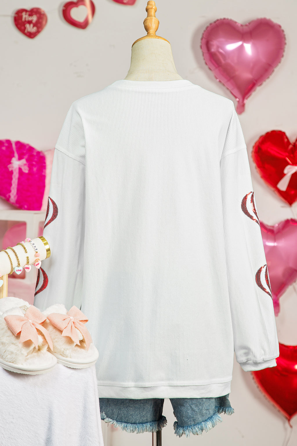 White Corded Ribbed Sequin Patched Valentines Day Graphic Sweatshirt
