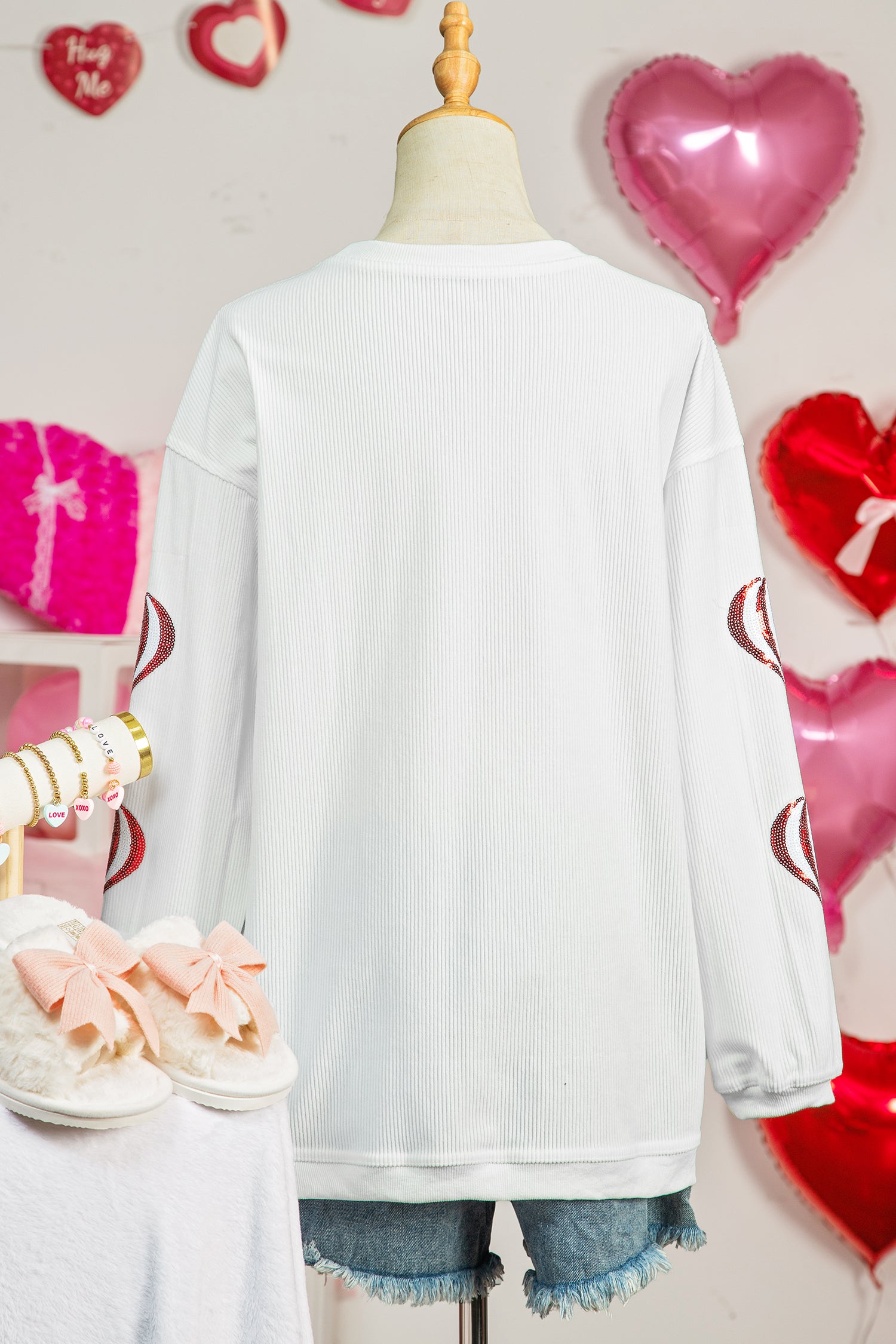White Corded Ribbed Sequin Patched Valentines Day Graphic Sweatshirt