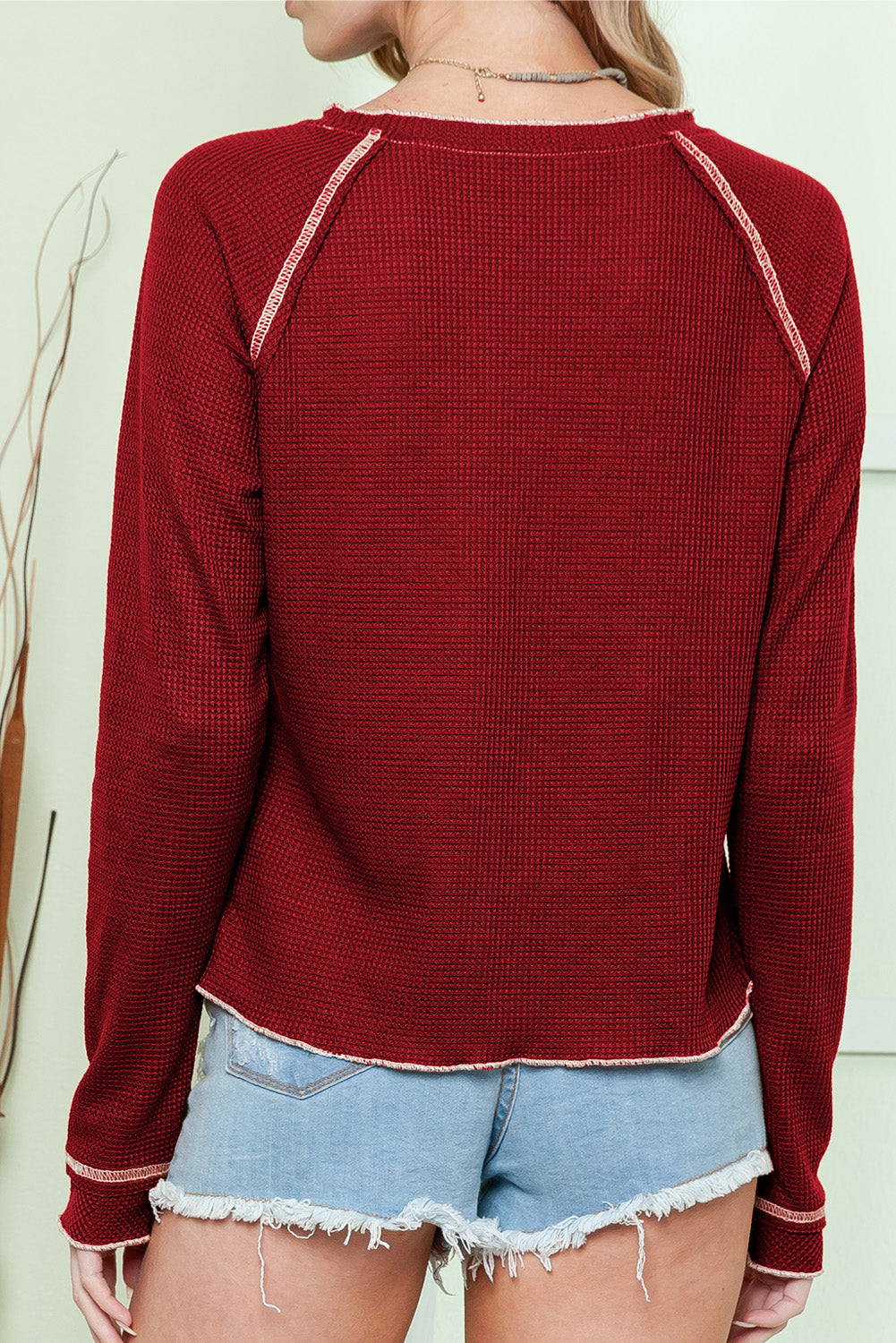 Smoke Gray Textured Round Neck Long Sleeve Top
