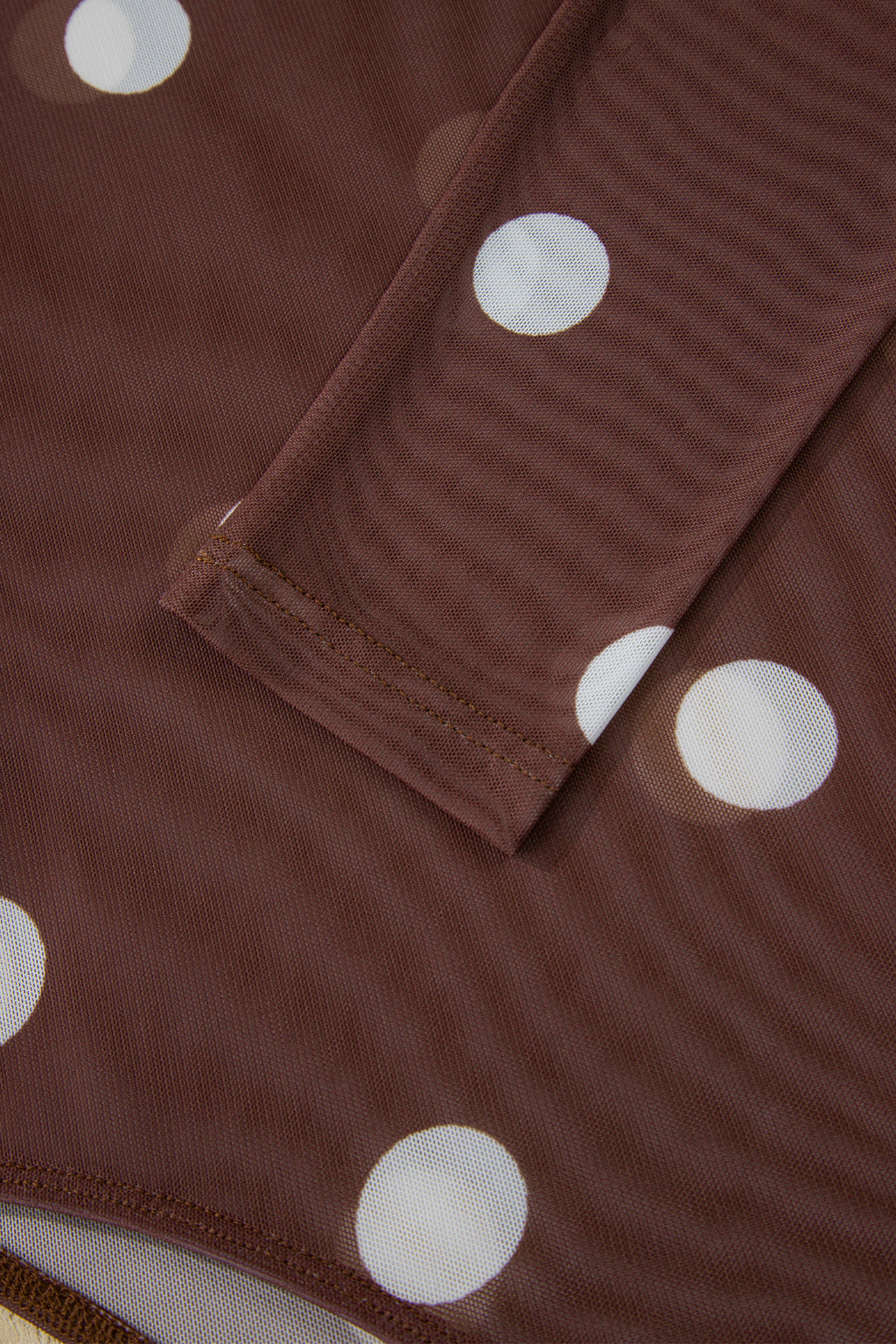Brown Vintage Polka Dot Print Mesh Long Sleeve Bodysuit