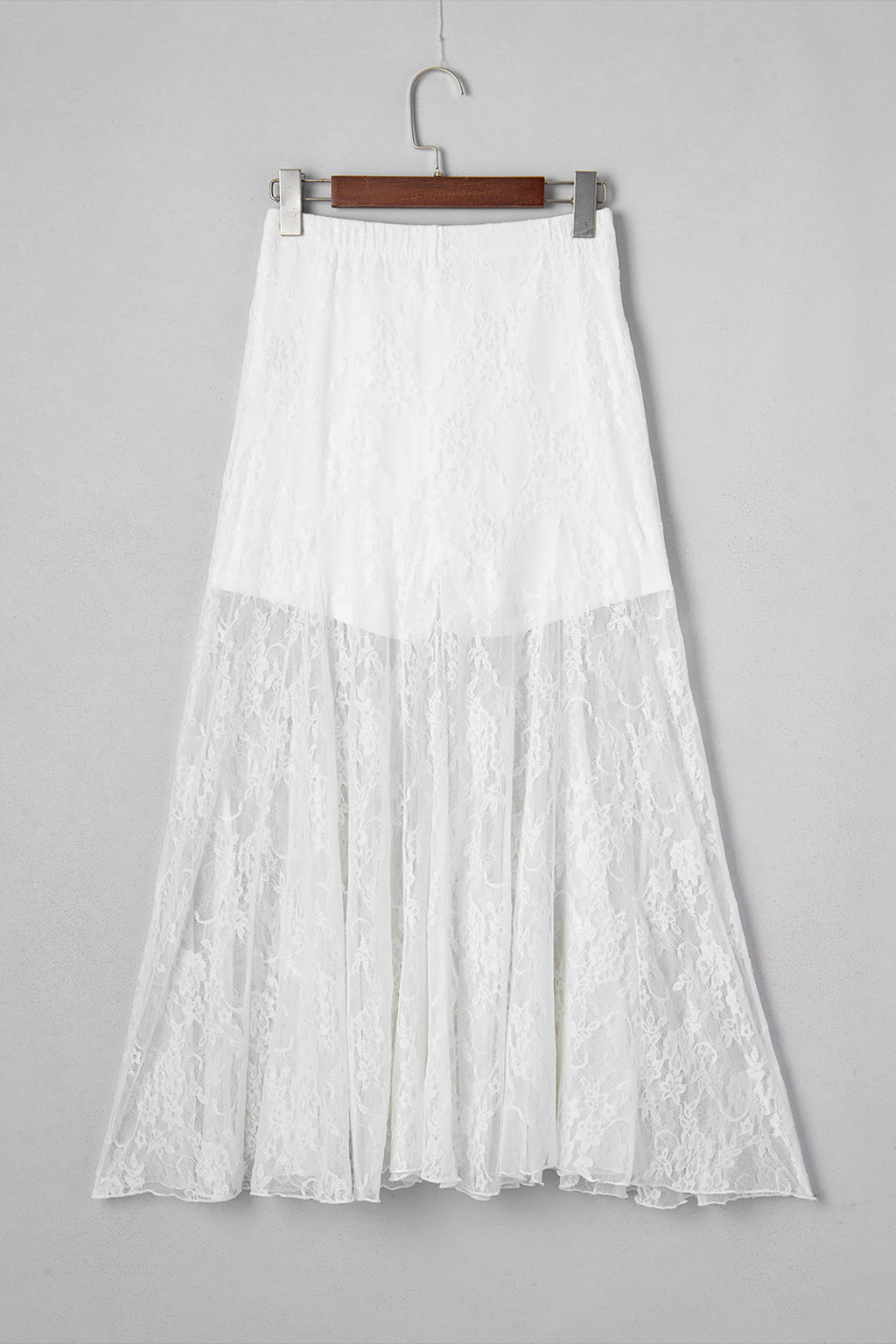 White Sheer Floral Lace Flowy Maxi Skirt