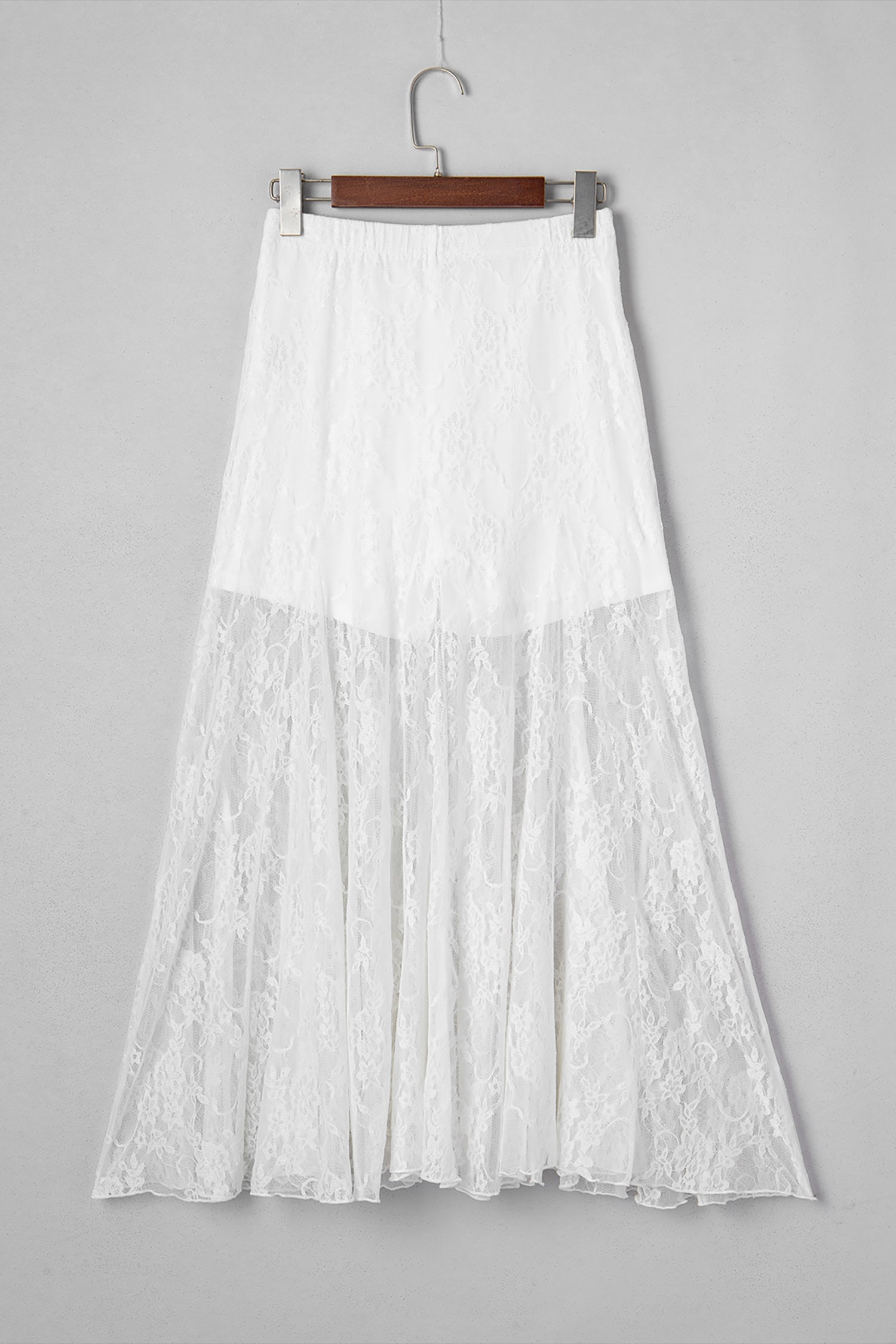 White Sheer Floral Lace Flowy Maxi Skirt