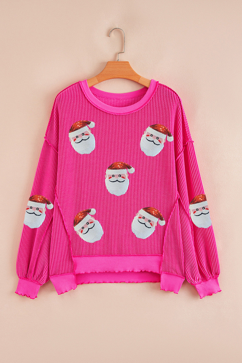 Strawberry Pink Twisted Ribbed Color Block Patchwork Sequin Father Christmas Graphic Top