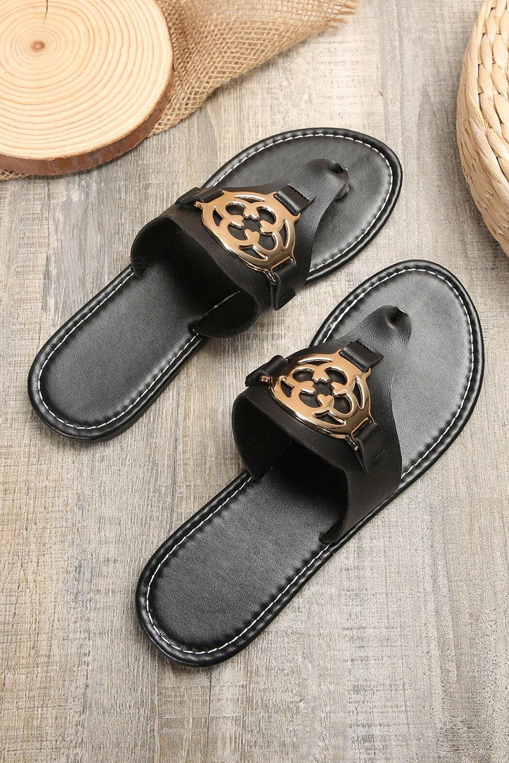 White Metal Decor Leather Thong Slippers