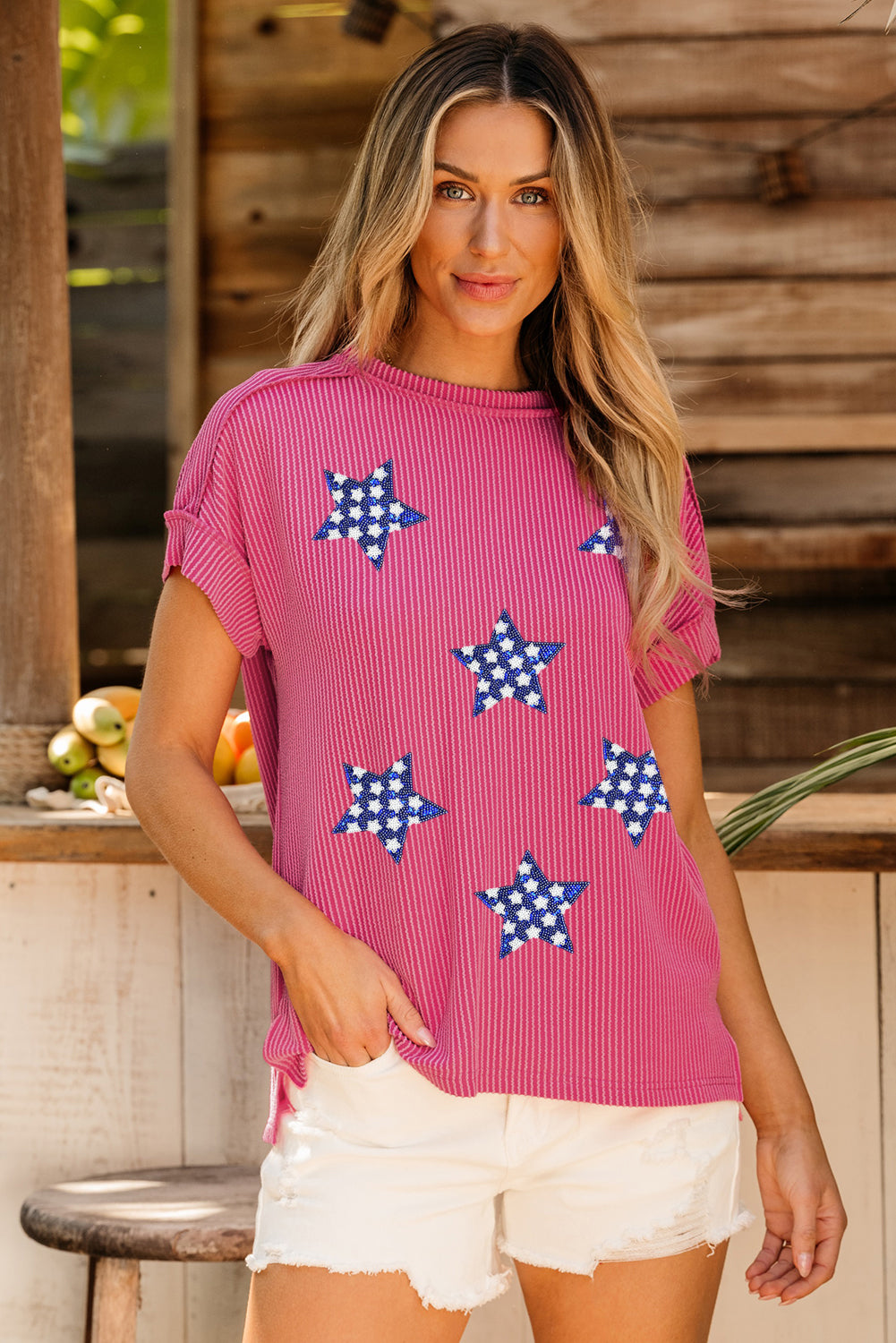 Rose Red Sequin Star Graphic Corded Side Split Patriotic T Shirt