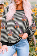 Black Stripe Halloween Pumpkin Shimmer Pattern Casual Top